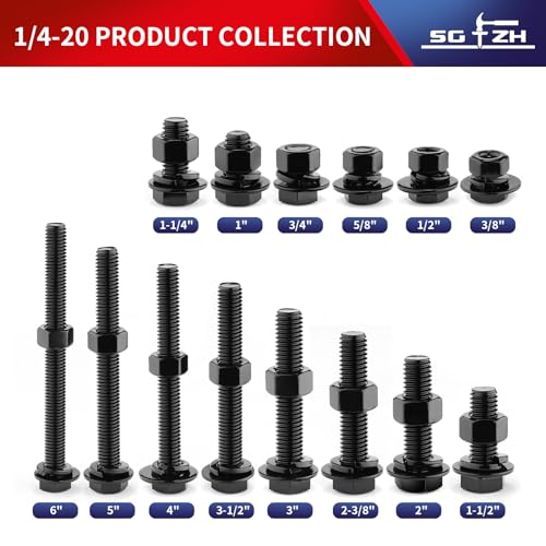 1/4-20 x 6 Hex Head Screw Bolt, Nuts, Flat & Lock Washers, 20Pcs 18-8 (304) Stainless Steel, Fully Threaded, Black Oxide by SG TZH