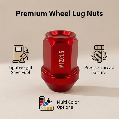 M12x1.5 Wheel Lug Nuts, 20-Pcs Lightweight Aluminum Alloy Set, Extensive Compatibility for Toyota, Honda, Buick, Ford, Chevrolet, Hyundai, Kia, Mazda, Mitsubishi, Chery (Racing Red) Racing Red
