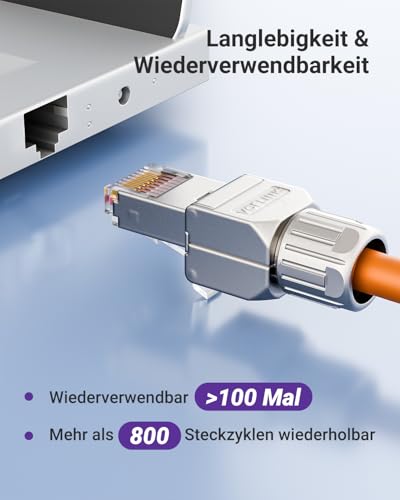 VCELINK Network Connector Cat7 Tool-Free RJ45 Connector Shielded | 4 x 10Gbps 600MHz Gold Plated Contacts PoE Enabled for 22-24AWG CAT6A/CAT6 Installation Cable for Home and Office