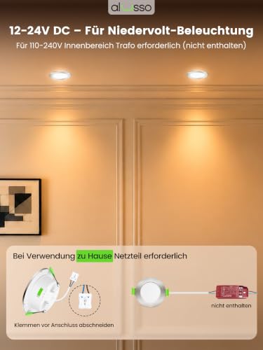 Alusso 12-24 V LED Recessed Ceiling Spotlight, IP44 Furniture Recessed Spotlight, Flat | 4 W, drill hole 55-68 mm and 29 mm flat, 3000 K warm white 4000 K neutral white, 6500 K cool white, nickel, set of 6 Nickel, Diameter 55-68 Mm