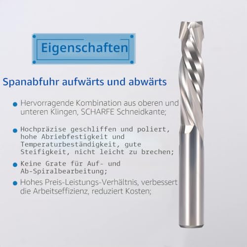 EU_HOZLY Spiral Milling Cutter Up & Down Compression Bit 8 mm Cutting Diameter 8 mm Shank 35 mm Cutting Length CNC End Mill for Wood Carving, Engraving, Pack of 1 8 x 8 x 35 mm, 1 Piece