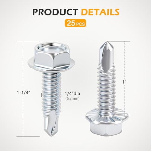 1/4" x 1" Hex Washer Head Self-Drilling Screws (100 PCS), Grade 8.8 Heat Treated Carbon Steel, Zinc Plated Self Tapping Screws, Industrial Strength Metal Fasteners Silvery Self-Drilling 100 pcs