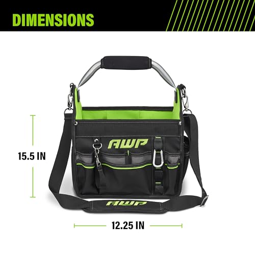 AWP 12 Inch Pro Tool Tote with Rotating Handle for Easy Tool Access, Water-Resistant Construction & Organizer Tool Pouch | 7 Pockets & Loops for Tool Organization
