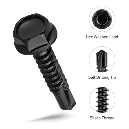 Black Self Tapping Screws Assortment Kit 449PCS, Stainless Steel 410 Self Drilling Screws for Metal, #8#10 1/2" 5/8" 3/4" 1" 1-1/4" 1-1/2", Hex Washer Head Sheet Metal Screw #8/#10 Assorted Black 449