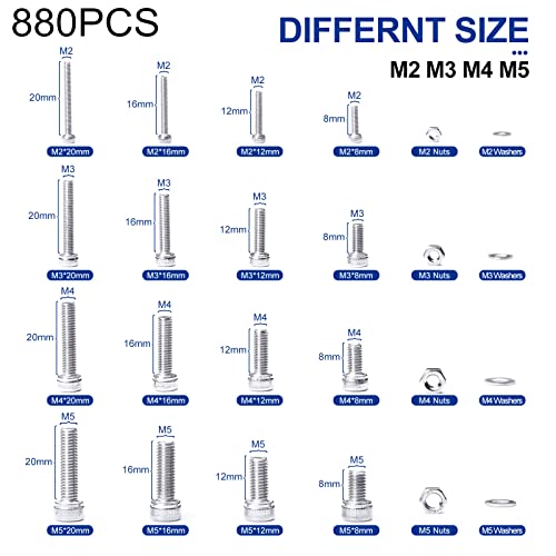 NINDEJIN M2 M3 M4 M5 Hex Socket Cap Screw Machine Screws Assortment Kit, Metric Screws with Nut and Washer & Wrench (580pcs+880pcs, 304 Stainless Steel)