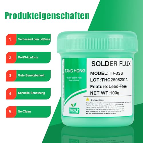TH-336 Flux Soldering, 100 g, No-Clean Lead-Free Rosin Flux (1 Piece), 2.5 mm/3 m Desoldering Braid (Pack of 1), Suitable for Mobile Phone Soldering, BGA, Household Appliance Repairs 2-piece set