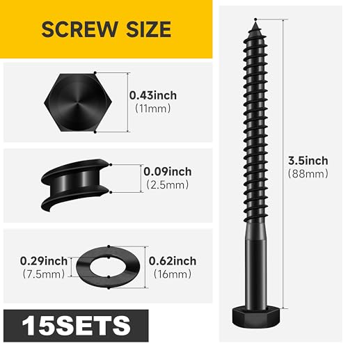 Mywish (15Sets) 1/4" x 3-1/2" Hex Head Lag Bolts & 56Pcs Wood Screws #10 x 3-1/2" 1lb Box, Decorative Screws 3-1/2 Inch, T25 Torx Drive Head, Outdoor Construction Screws, Lag Screws Wood Screws