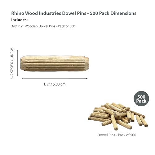 3/8" x 2" Wooden Dowel Pins, 500-Pack – Birch Hardwood, Kiln-Dried, Fluted & Beveled (3/8" x 2", 500pk) 3/8" x 2"