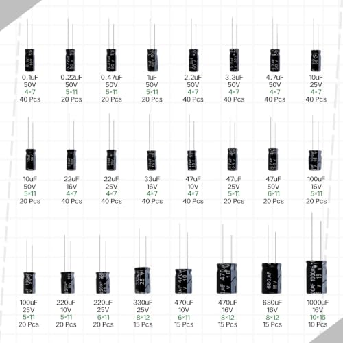 24 Value 630 Pieces Elko Capacitor Set 0.1uF to 1000uF Elkos Capacitors Assortment 10V 16V 25V 50V Aluminium Electrolytic Capacitors Electrolytic Capacitor Kit