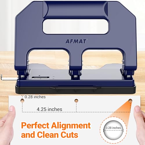 AFMAT Heavy Duty 3 Hole Punch, 3 Hole Puncher for Binder, 40-Sheet Three Hole Punch w/ 10000+ Uses, Metal Hole Puncher 3 Ring, 50% Reduced Effort, 9/32inch Hole, Bulit-in S.S. Paper Guide HPX1 (Blue) Blue