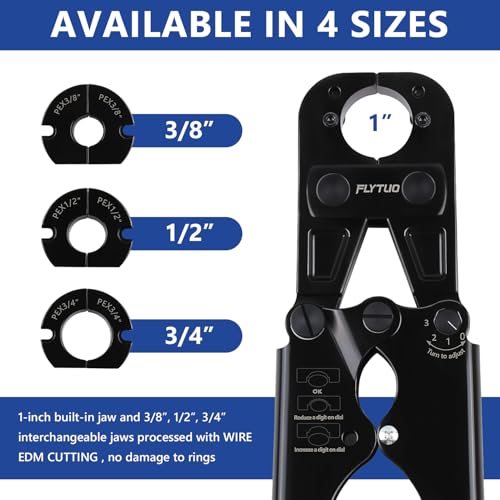 Combo PEX Crimping Tool Set with 1" Fixed Jaw and 3 Interchangeable Jaws in 1/2" 3/4" 3/8" for Copper Crimp Rings(4 Sizes in Total), Includes Go/No-Go Gauge, Complies with ASTM F1807 Standard 1'' Crimper with 1/2'' 3/4'' 3/8'' Jaws
