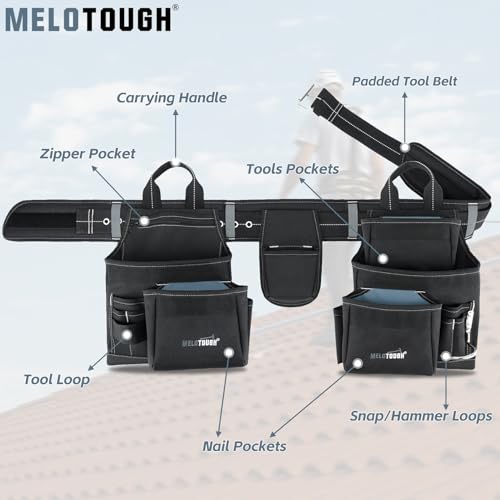 MELOTOUGH Professional Tool Belt Organizer with 21 Pockets, Electrician Tool Belt Tool Rig Combo Apron Tool Pouch, Heavy Durable Construction Work Belt for Framer, Carpenter, Electrician Grey Camo Tool Belt