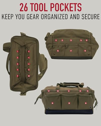 Rothco Renovator Tool Bag – 26 Tool Pocket Canvas DIY Work Equipment Gear Organizer Work Brown