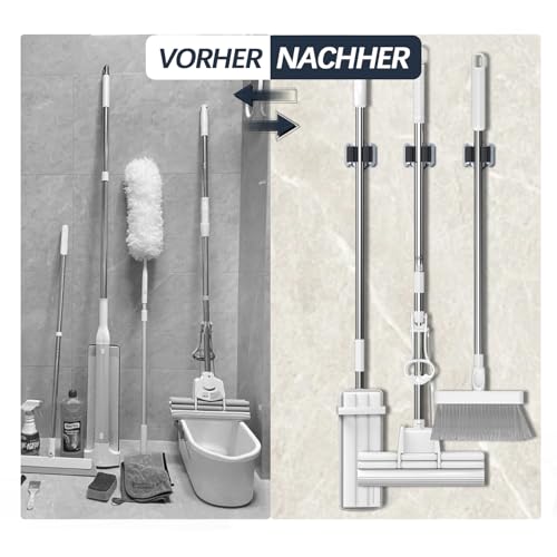 3-H Tool Holder Wall Mount, Wall Broom Holder for Mops / Brooms / Garden Tools for Walls, Masonry / Doors - Up to 4 kg | Broom Holder Wall Mount for Broom Garden Tools Shovel Mop Device Holder for Home Garden Garage Powder Coated 10 Black