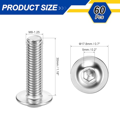 60pcs M8-1.25x30mm 304 SS Flanged Button Head Socket Cap Screws M8-1.25x30 60