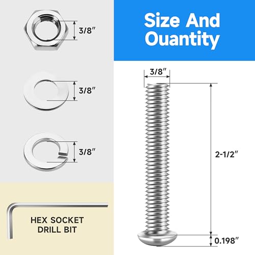 (20 Sets) 3/8-16 Bolt, 3/8 x 2-1/2" Button Head Socket Cap Bolts Screws, 3/8 Bolts and Nuts Set, 304 Stainless Steel 18-8, Fully Threaded, Assorted Bolts Nuts and Washers Kit by Marysino 2-1/2" (Silver) 3/8"-16