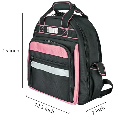 Men/Women Tool Bag Backpack, Heavy Duty Tool Backpack with Round Molded Base, 1680D Professional Level Durable Multi Pockets Tool Organizer for Electricians & Home Repair (Pink) Pink