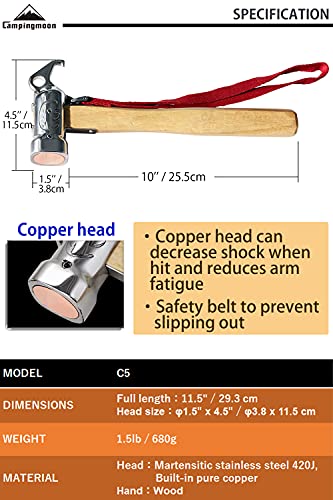 CAMPINGMOON Camping Hammer Peg Tent Stake Hammer Stainless Steel Built-in Pure Copper Head Wood Hand with Tent & Tarp Stake Remover C5 Built-in Pure Copper Head Hammer (C5)