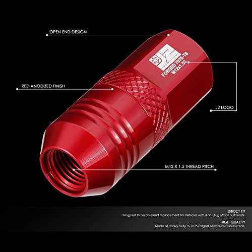 J2 Engineering J2-LN-T7-040-15-RD M12 x 1.5 T6-7075 Aluminum 50mm Open End Lug Nuts w/Deep Drive Extension Adapter,Red,21mm x 50mm