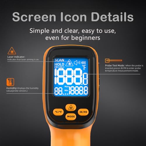 58°F to 1472°F Infrared Thermometer Gun, 12:1, K-Type Probe Yellow/-58°F to 1472°F and -58°F to 572°F