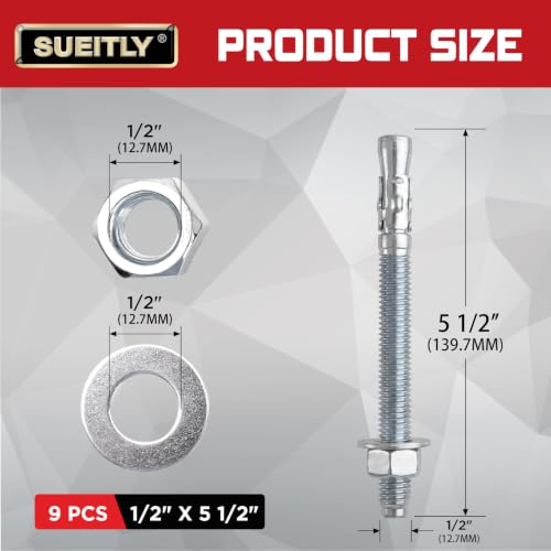 1/2" x 5-1/2" Heavy Duty Wedge Anchor Bolts for Concrete and Brick, Zinc Plated Masonry Anchors for Structural Use, 9 Pack 1/2" x 5-1/2"