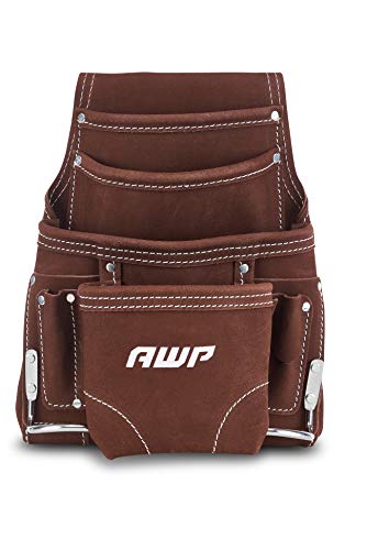 AWP 10-Pocket Suede Tool Pouch | Durable General Construction Leather Tool Pouch | Brown Suede Tool Pouch + Tool Belt