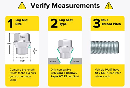 24pcs Chrome Silver Open ET Lug Nuts - Metric 12x1.5 Thread Size - 1 inch Length - Extended Threads - Cone Conical Taper Seat Shank - Compatible with Select 6Lug Vehicles and Aftermarket Wheels