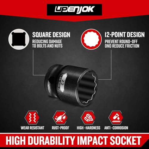 15-Piece 1/2" Drive Shallow Impact Socket Set, Metric Size (8-22mm) 12-Point Socket Set, CR-MO Steel for Automotive & DIY