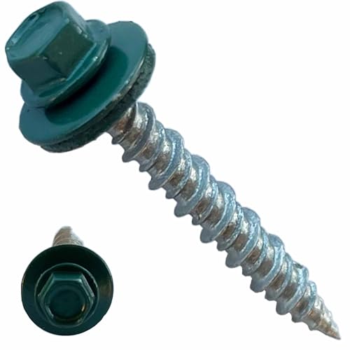 Metal Roofing Screws - #10 x 1.5” – Self Tapping Hex Head - EPDM Rubber Washer-for Metal to Wood, Corrugated, Siding, Sheds, Pancake Screw - ¼” Hex Drive Easy Installation - Green - Screws (250) 250