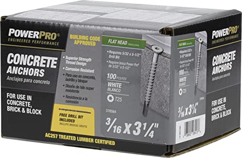 Power Pro White Flat-Head Concrete Screw Anchors (3/16" x 3-1/4") - 100 pc 3/16" x 3-1/4" 100 Pieces