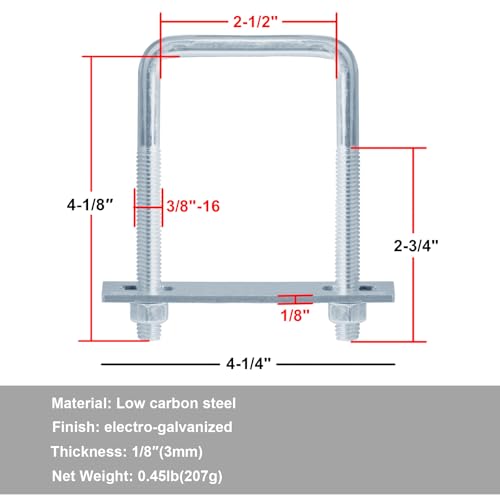8 Pcs 2-1/2 Inch Wide Square U-Bolt, 3/8" x 2-1/2" x 4-1/8"