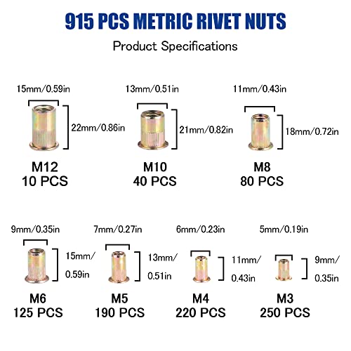 Rivet Nut Kit, 915pcs SAE + 915pcs Metric Threaded Rivnut Assortment, Zinc Plated Carbon Steel Nut Inserts Rivnuts Nutserts Kit - JROUTH