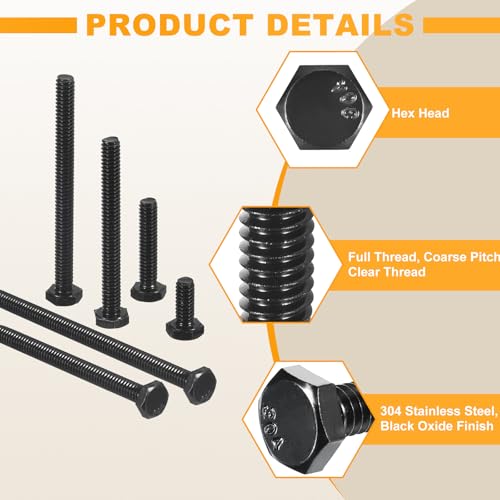 uxcell 20Pcs 1/2-13 x 1-1/4" Hex Head Bolts, 304 Stainless Steel Fully Threaded Hex Head Screw, Black Oxide Finish, Hex Bolts for Construction, Machinery Manufacturing, Black 1/2-13 x 1-1/4" 20