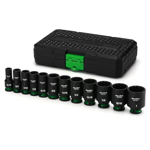 TecoTek 3/8-Inch Drive 12-Point SAE Semi-Deep Impact Socket Set, Mid-Length Socket Set, 5/16-Inch to 1-Inch, CR-MO, Stamped and Ink Filled Size Marking, 12-Piece