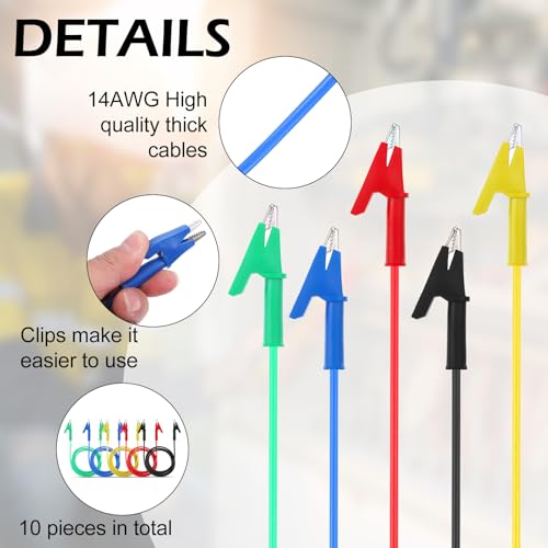 10Pcs 14 Gauge Alligator Clips with Wires for Multimeter, Heavy Duty Silicone Test Leads 15A Jumper Wires with Insulators Clips for Electrical Testing Experiment(3.3ft/1m) (Pack of 3)