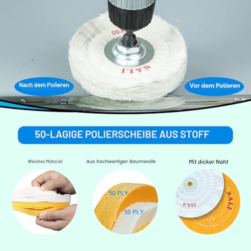 SALI Pack of 4 Polishing Discs Set for Drill and Polishing Stand, 150 mm Buffing Discs with Polishing Paste Kit for Metals & Wood, Yellow, White Cotton & 50-Ply Cotton Polishing Discs 6" - 4pcs Set of 4 6 inch polishing discs