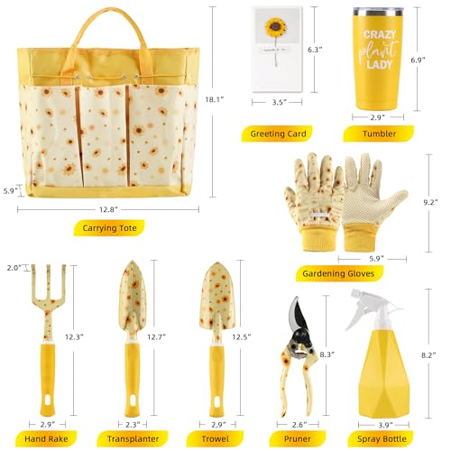 Sunflower Gardening Gifts for Women, Garden Tool Set, Heavy Duty Gardening Hand Tools with Garden Tool Bag,Yellow Crazy Plant Lady