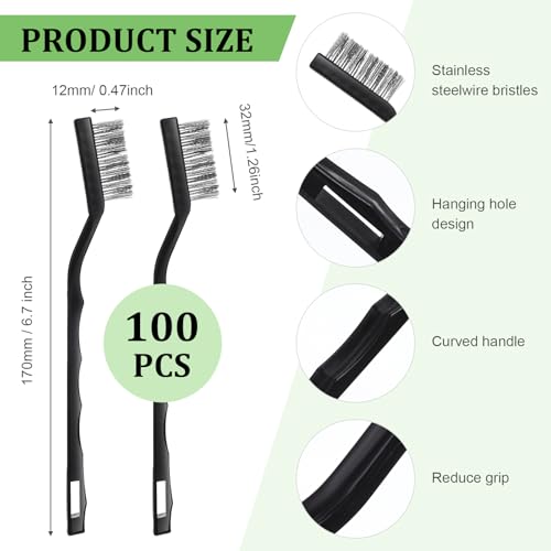 100 Pcs Mini Wire Brush Set Stainless Steel Wire Bristle Scratch Brush Small Metal Brushes for Cleaning Curved Handle Masonry Welding for Cleaning Welding Slag and Rust Tool, Black, 6.7 Inches 100