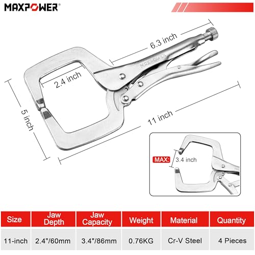MAXPOWER 11-inch Locking C Clamp, Heavy Duty C-Clamp Locking Pliers with Regular Tip for Welding - 4 Pack 4pcs 11"