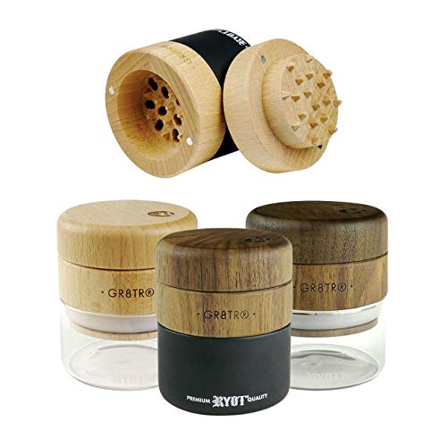 RYOT Wood GR8TR Herb Grinder with Clear or Matte Black Jar Body and Beech or Walnut Top (Walnut Top/Black Jar) Walnut Top/Black Jar