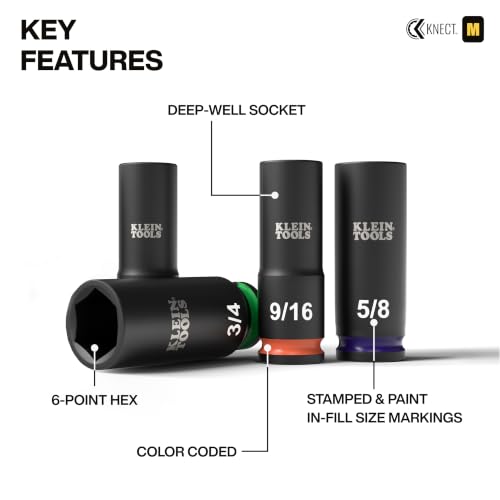 Klein Tools 65109IMPCT KNECT Deep-Well 3/8-Inch Drive Impact Socket Set, SAE, 9-Piece Tool Set with Impact Driver Adapter, Multi-Purpose Wrench Adapter, Color-Coded, MODbox Socket Organizer 9-Piece SAE Set