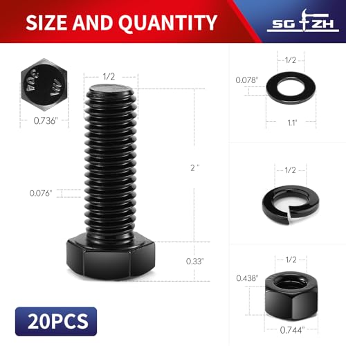 1/2-13 x 2 Hex Head Screw Bolt, Nuts, Flat & Lock Washers, 20Pcs 18-8 (304) Stainless Steel, Fully Threaded, Black Oxide by SG TZH
