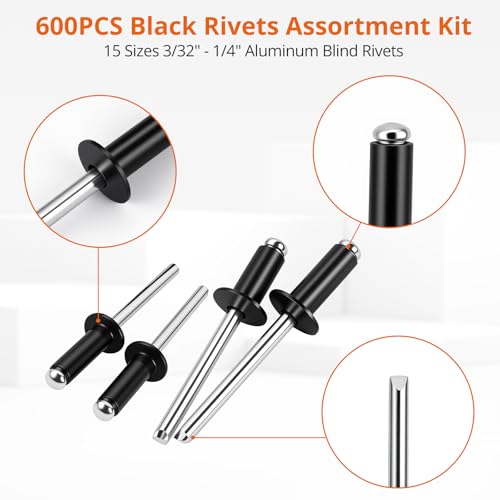 Proster 600pc Black Rivet Assortment - 15 Sizes 3/32"-1/4" with Case