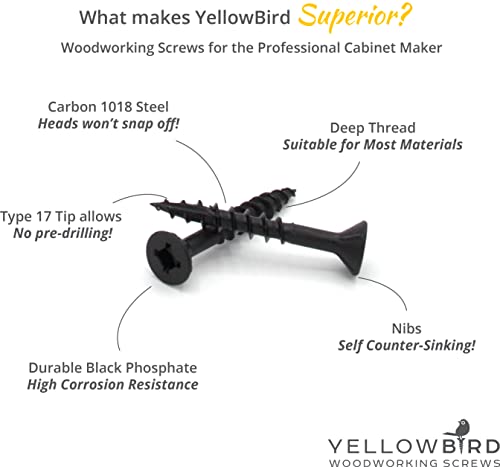 Yellowbird #8 x 1 Combo Square/Phillips Drive Flat Head - Countersinking Nibs - Deep Thread - Type 17 - Cabinet Assembly and Interior Work - Black Phosphate Wood Screw - Bit Included - 1000ct. 1000 1"