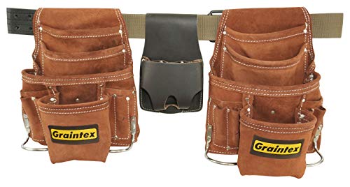 Graintex SS2975 20 Pocket Nail & Tool Pouch Set Brown Color Suede Leather with 2" Leather/Webbing Belt and Professional Measuring Tape Holder for Contractors, Electricians, Plumbers, Handymen