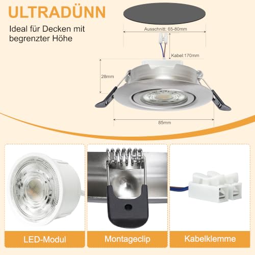 LED Recessed Spotlight 230 V Dimmable 68 mm 5.5 W IP44 LED Spot Ultra Flat | Ceiling Spots 45° Swivel Recessed Lights Warm White Neutral White Cool White Recessed Spots for Bathroom Living Room, Nickel 6-Piece Set