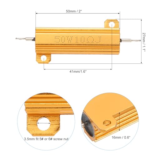 PATIKIL 5 Pieces 50 W 10 Ohm 5% Tolerance Aluminum Housing Resistors Set Resistance Assortment with Screws Wire Wound Potentiometer Power for Machines Electronics DIY Project Golden 10 Ohm 50 W