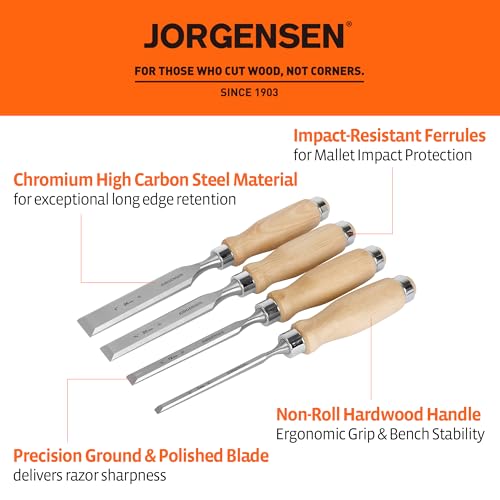 Jorgensen 4-Piece Wood Chisel Set, 1/4", 1/2", 3/4", 1" 1/4", 1/2", 3/4", 1"