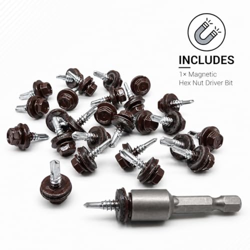 (Pack of 300) Metal Roofing Screws 3/16" x 3/4" (4.8 x 19 mm) Self-Drilling Screws with EPDM Washers Painted Hex Washer Tapping Screw Chocolate Brown RAL 8017 3/16" x 3/4"
