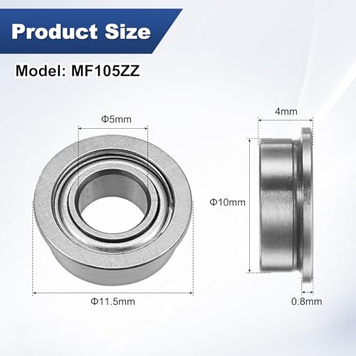 M METERXITY 20-Pack MF105ZZ Flanged Ball Bearing, 5 x 10 x 4mm Double Metal Shielded Chrome Steel (GCr15) Flange Rip Bearings for Wheelbarrow/Printer/Fax Machines/Power Tools 5mm x 10mm x 4mm
